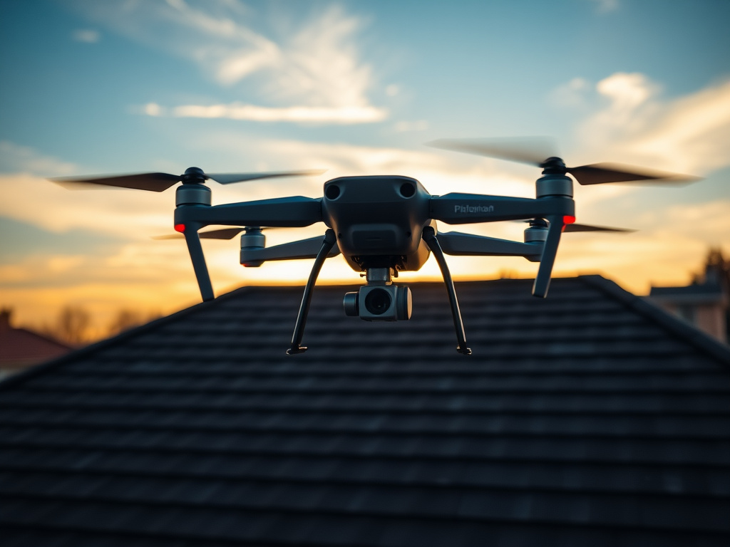 Drone hovering above a residential roof during a thermal inspection flight