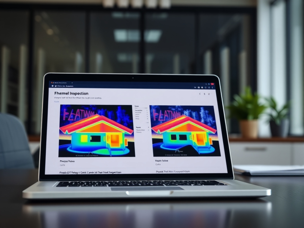 Laptop displaying an annotated thermal inspection report with side-by-side thermal and visual roof imagery
