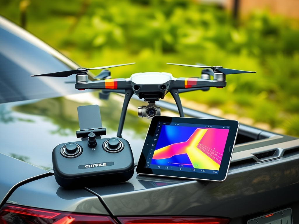 Inspection drone and controller with a tablet showing a thermal image