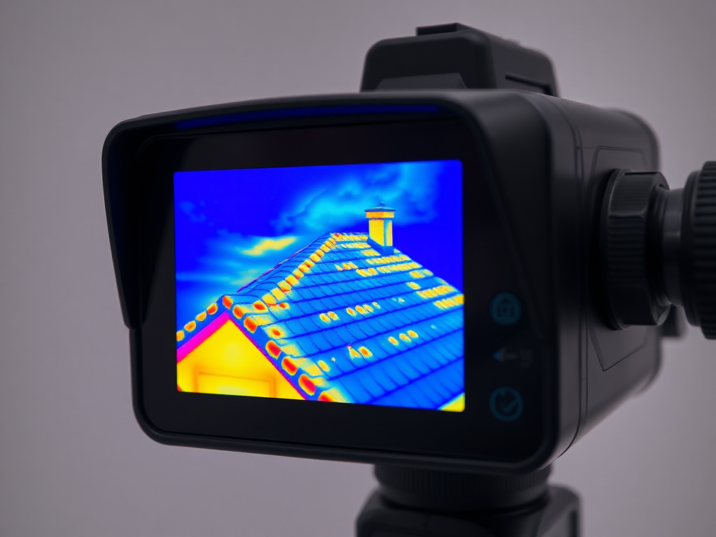 Thermal imaging camera display showing an infrared heat map of a roofline